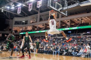 Omaha Mavericks Marquel Sutton (10) dunks the ball against the North Dakota Fighting Hawks during a college basketball game on Thursday, February 6, 2025, in Omaha, Nebraska. Photo By Sam Brennan.