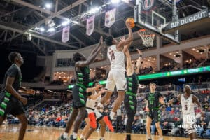 Omaha Mavericks Marquel Sutton makes layup against the North Dakota Fighting Hawks during a college basketball game on Thursday, February 6, 2025, in Omaha, Nebraska. Photo By Sam Brennan.