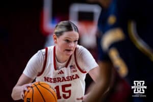 Nebraska Cornhuskers guard Kendall Moriarty (15) dribbles the ball against the Michigan Wolverines in the second half during a college women’s basketball game on Wednesday, February 6, 2025 in Lincoln, Nebraska. Photo by John S. Peterson.