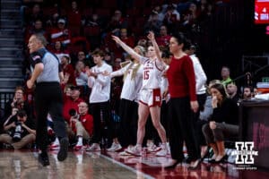 Nebraska Cornhuskers guard Kendall Moriarty (15) celebrates a three-point shot against the Michigan Wolverines in the second quarter during a college women’s basketball game on Wednesday, February 6, 2025 in Lincoln, Nebraska. Photo by John S. Peterson.