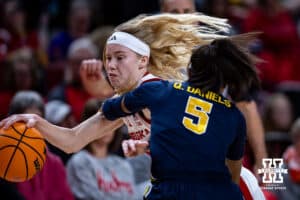 Nebraska Cornhuskers guard Britt Prince (23) dribbles the ball against Michigan Wolverines guard Brooke Daniels (5) in the second quarter during a college women’s basketball game on Wednesday, February 6, 2025 in Lincoln, Nebraska. Photo by John S. Peterson.