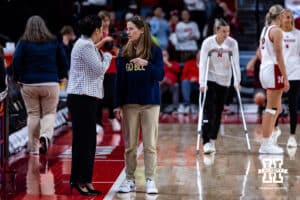 Nebraska Cornhuskers head coach Amy Williams talks to Michigan Wolverines head coach Kim Barnes Arico before a college women’s basketball game on Wednesday, February 6, 2025 in Lincoln, Nebraska. Photo by John S. Peterson.