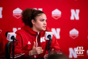 Nebraska volleyball teammate Rebecca Allick gets emotional answering questions during a press conference after the Welcome to Dani Busboom-Kelly Celebration event Thursday, February 6, 2025 in Lincoln, Nebraska. Photo by John S. Peterson.