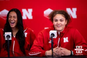Nebraska volleyball teammate Harper Murray laughs when Rebecca Allick said that her mother approves of Dani Busboom-Kelly as head coach during a press conference after the Welcome to Dani Busboom-Kelly Celebration event Thursday, February 6, 2025 in Lincoln, Nebraska. Photo by John S. Peterson.