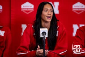 Nebraska volleyball teammate Harper Murray answering questions during a press conference after the Welcome to Dani Busboom-Kelly Celebration event Thursday, February 6, 2025 in Lincoln, Nebraska. Photo by John S. Peterson.