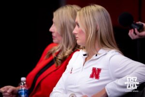 Nebraska volleyball assistant coach Kelly Hunter watching a press conference after the Welcome to Dani Busboom-Kelly Celebration event Thursday, February 6, 2025 in Lincoln, Nebraska. Photo by John S. Peterson.