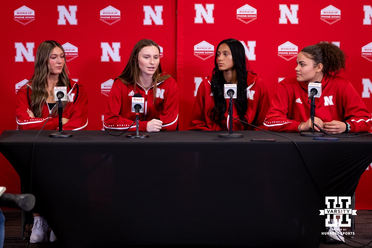 Nebraska volleyball teammates Andi Jackson, Bergen Reilly, Harper Murray, and Rebecca Allick answering questions during a press conference after the Welcome to Dani Busboom-Kelly Celebration event Thursday, February 6, 2025 in Lincoln, Nebraska. Photo by John S. Peterson.