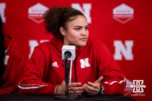 Nebraska volleyball teammate Rebecca Allick answering questions during a press conference after the Welcome to Dani Busboom-Kelly Celebration event Thursday, February 6, 2025 in Lincoln, Nebraska. Photo by John S. Peterson.