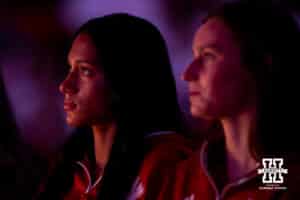 Nebraska volleyball player Harper Murray listening to the new head coach Dani Busboom-Kelly during the Welcome to Dani Busboom-Kelly Celebration event Thursday, February 6, 2025 in Lincoln, Nebraska. Photo by John S. Peterson.