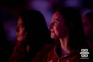 Nebraska setter Bergen Reilly listening to the new head coach Dani Busboom-Kelly during the Welcome to Dani Busboom-Kelly Celebration event Thursday, February 6, 2025 in Lincoln, Nebraska. Photo by John S. Peterson.