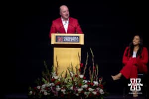 Nebraska Athlete Director Troy Dannon speaking during the Welcome to Dani Busboom-Kelly Celebration event Thursday, February 6, 2025 in Lincoln, Nebraska. Photo by John S. Peterson.
