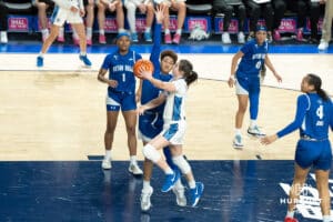 Creighton Bluejays Lauren Jensen looks to slip past the defense during a college basketball game against Seton Hall on February 5th, 2025 in Omaha Nebraska. Photo by Brandon Tiedemann.