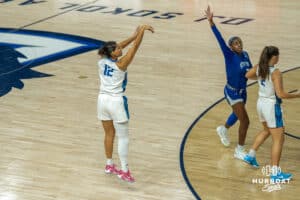 Creighton Bluejays Jayme Horan attempts a three pointer during a college basketball game against Seton Hall on February 5th, 2025 in Omaha Nebraska. Photo by Brandon Tiedemann.