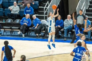 Creighton Bluejays Lauren Jensen shoots a three during a college basketball game against Seton Hall on February 5th, 2025 in Omaha Nebraska. Photo by Brandon Tiedemann.
