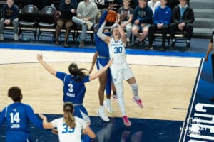Creighton Bluejays Morgan Maly attempts a layup during a college basketball game against Seton Hall on February 5th, 2025 in Omaha Nebraska. Photo by Brandon Tiedemann.