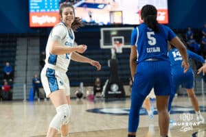 Creighton Bluejays Lauren Jensen smiles after a made basket during a college basketball game against Seton Hall on February 5th, 2025 in Omaha Nebraska. Photo by Brandon Tiedemann.