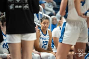 Creighton Bluejays Jayme Horan takes a deep breath during a college basketball game against Seton Hall on February 5th, 2025 in Omaha Nebraska. Photo by Brandon Tiedemann.