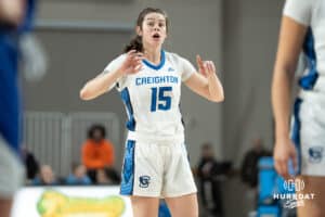 Creighton Bluejays Lauren Jensen talks to teammates during a college basketball game against Seton Hall on February 5th, 2025 in Omaha Nebraska. Photo by Brandon Tiedemann.