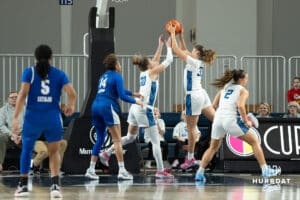 Creighton Bluejays Brooke Littrell grabs a rebound during a college basketball game against Seton Hall on February 5th, 2025 in Omaha Nebraska. Photo by Brandon Tiedemann.