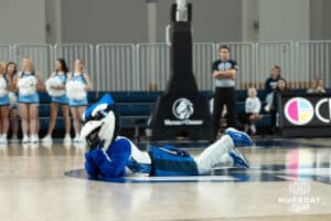 Creighton Bluejays Billy the Bluejay looks into the crowd during a college basketball game against Seton Hall on February 5th, 2025 in Omaha Nebraska. Photo by Brandon Tiedemann.