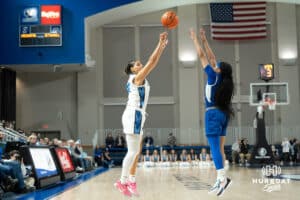 Creighton Bluejays Jayme Horan shoots a contested three during a college basketball game against Seton Hall on February 5th, 2025 in Omaha Nebraska. Photo by Brandon Tiedemann.