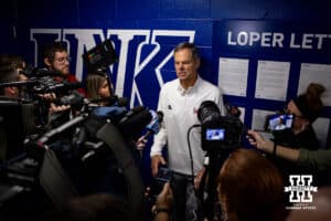 Nebraska head coach John Cook answers questions from the media after the win over Denver during the volleyball Spring Game on Saturday, May 4, 2024 in Kearney, Nebraska. Photo John Peterson