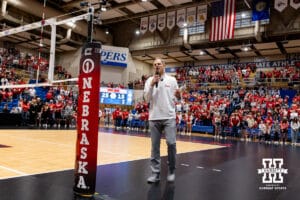 Nebraska head coach John Cook speaks to the fans after the match against Denver during the volleyball Spring Game on Saturday, May 4, 2024 in Kearney, Nebraska. Photo John Peterson