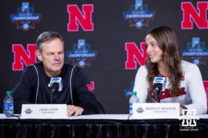 Nebraska Cornhusker Merritt Beason talks about patients and coach John Cook answering questions from the media during the NCAA press conference with Nebraska and Texas, Friday, December 15, 2023, Tampa, Florida. Photo by John S. Peterson.