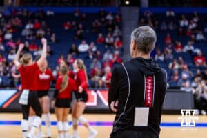 Nebraska Cornhusker head coach John Cook wathces the action on the court for practice during open practice before the NCAA Semi-Finals, Wednesday, December 13, 2023, Tampa, Florida. Photo by John S. Peterson.