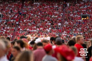 Nebraska Cornhuskers head coach John Cook and team during a game between Omaha Mavericks and the Nebraska Cornhuskers Wednesday in Lincoln, Nebraska August 30, 2023. The event set a world record of 92,003 fans to attend a women’s sporting event. Photo by Eric Francis