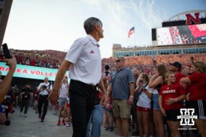 Nebraska head coach John Cook looks up to the score board during Nebraska Volleyball Day match in Lincoln, Nebraska, Wednesday, August 30, 2023. Photo by John Peterson.