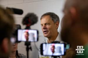 Nebraska Cornhusker head coach John Cook takes questiosn from the media during the spring volleyball match Saturday, April 29, 2023, in Central City, Neb. Photo by John S. Peterson.