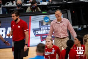 Nebraska Cornhuskers head coach John Cook complains to the referee in the stand in the second set against the Pittsburgh Panthers during the semi-final round of the NCAA volleyball tournament Thursday, December16, 2021, in Columbus, Ohio. Photo by John S. Peterson.