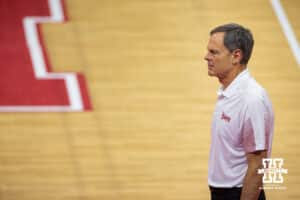 Nebraska Cornhuskers head coach John Cook waits on a decision on a review in the second period against the Colgate Raiders during a volleyball match Friday, August 27, 2021, in Lincoln, Neb. Photo by John S. Peterson.