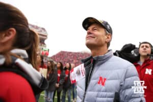 Volleyball coach John Cook watching a video package from the Nebraska Huskers Spring Game on April 21, 2018. Photo by Ryan Loco.