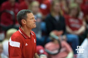 September 13, 2014: Nebraska head coach John Cook watching the action on the court against Colgate at the Devaney Sports Center in Lincoln, Nebraska. Nebraska sweeps Colgate.