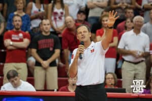 August 23, 2014: Head coach John Cook addresses the crowd before the Red & White Game at the Devaney Sports Center in Lincoln, Nebraska. The White team won over the Red team 4 to 1. Photo by John Peterson.