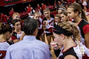September 06, 2012: Coach Cook brings all the Huskers together after sweeping the Oklahoma Sooners 25-14, 25-11, 25-16 at the NU Coliseum in Lincoln, Nebraska. Photo by John S. Peterson.