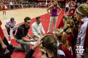 August 25, 2012: Coach John Cook talks to the players after Nebraska calls a time out in the fifith set against the UCLA Bruins at the NU Coliseum in Lincoln, Nebraska. Nebraska defeated UCLA in three out of 5 sets. John S. Peterson.