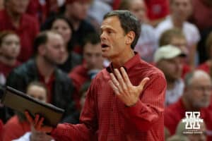 November 04, 2011: Nebrakska head coach John Cook reacts to a call in the match against Michigan in Lincoln, Nebraska. Photo by John S. Peterson.