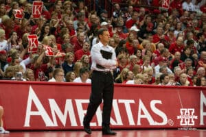 22 October 2011: Nebraska head coach John Cook watching the action against Illinois in Lincoln, Nebraska. Photo by John S. Peterson.