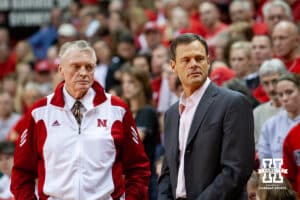24 November 2010: Nebraska head coach John Cook standing with Tom Osborne for Senior Day against Baylor in Lincoln,Nebraska. Photo by John S. Peterson.