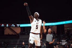 Omaha Mavericks Ja'Sean Glover shooting a three-point shot during a college basketball game on Saturday, February 01, 2025 in Omaha, Nebraska. Photo by Logan Hock.