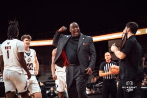 UNO Mavericks coach, Chris Crutchfield, clashes with a ref during a college basketball game on Feb 01, 2025 in Omaha, Nebraska. Photo by Logan Hock