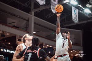UNO Mavericks player, JJ White, shooting a lay-up during a college basketball game on Feb 01, 2025 in Omaha, Nebraska. Photo by Logan Hock