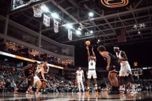 UNO Mavericks player, Marquel Sutton, shooting a free throw during a college basketball game on Feb 01, 2025 in Omaha, Nebraska. Photo by Logan Hock