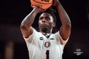 UNO Mavericks player, JJ White, shooting a free throw during a college basketball game on Feb 01, 2025 in Omaha, Nebraska. Photo by Logan Hock