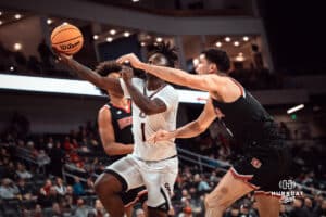 UNO Mavericks player, JJ White, shoots a lay-up during a college basketball game on Feb 01, 2025 in Omaha, Nebraska. Photo by Logan Hock