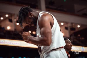 UNO Mavericks player, Isaac Ondekane, upset after a missed shot during a college basketball game on Feb 01, 2025 in Omaha, Nebraska. Photo by Logan Hock
