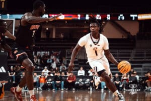 UNO Mavericks player, JJ White, drives to the basket during a college basketball game on Feb 01, 2025 in Omaha, Nebraska. Photo by Logan Hock